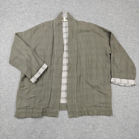 Eileen Fisher Jackets & Blazers - Eileen Fisher Jacket Womens SP Green Organic Cotton Linen Kimono Plaid Lined